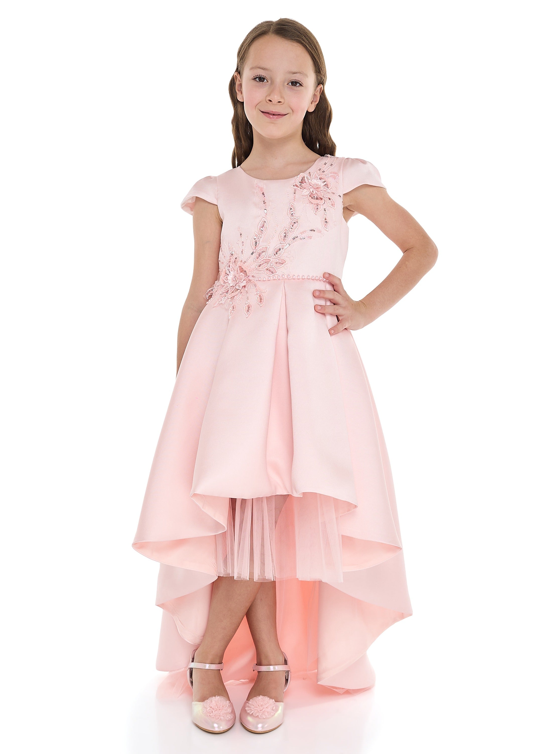 Peach High Low Tail Dress With Beaded Embroidery