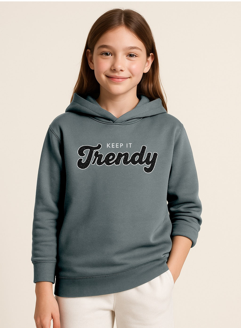 “Keep It Trendy” Graphic Hoodie for Girls – Teal Blue | 100% Cotton Fleece |