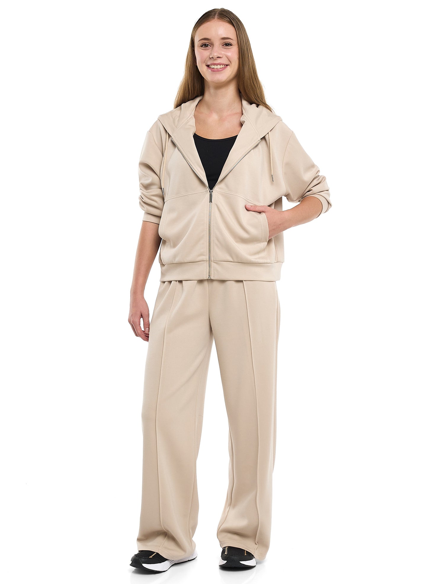 Ladies 2 Piece Set- Beige Zip-Up Hoodie & Wide-Leg Trousers Set