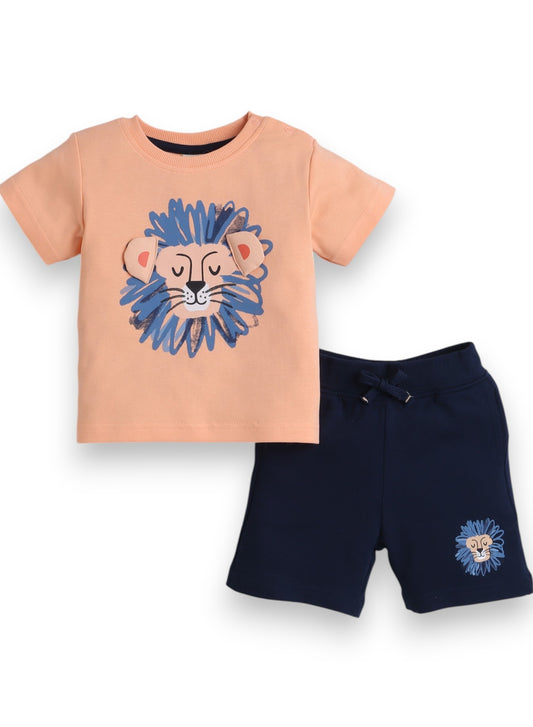 Victor and Jane Infant 2PC Set, Orange T-Shirt with Cute Tiger And Blue Shorts
