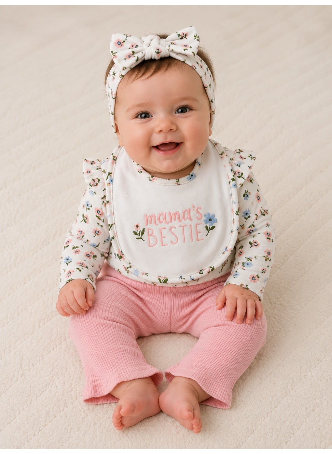 Baby Girls Floral Bodysuit, Pants and Bib Set with Headband (4-Piece)