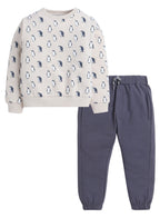 Dirkje Cotton Penguins Printed Full Sleeves Sweatshirt & Joggers Set - Off White/Navy Blue