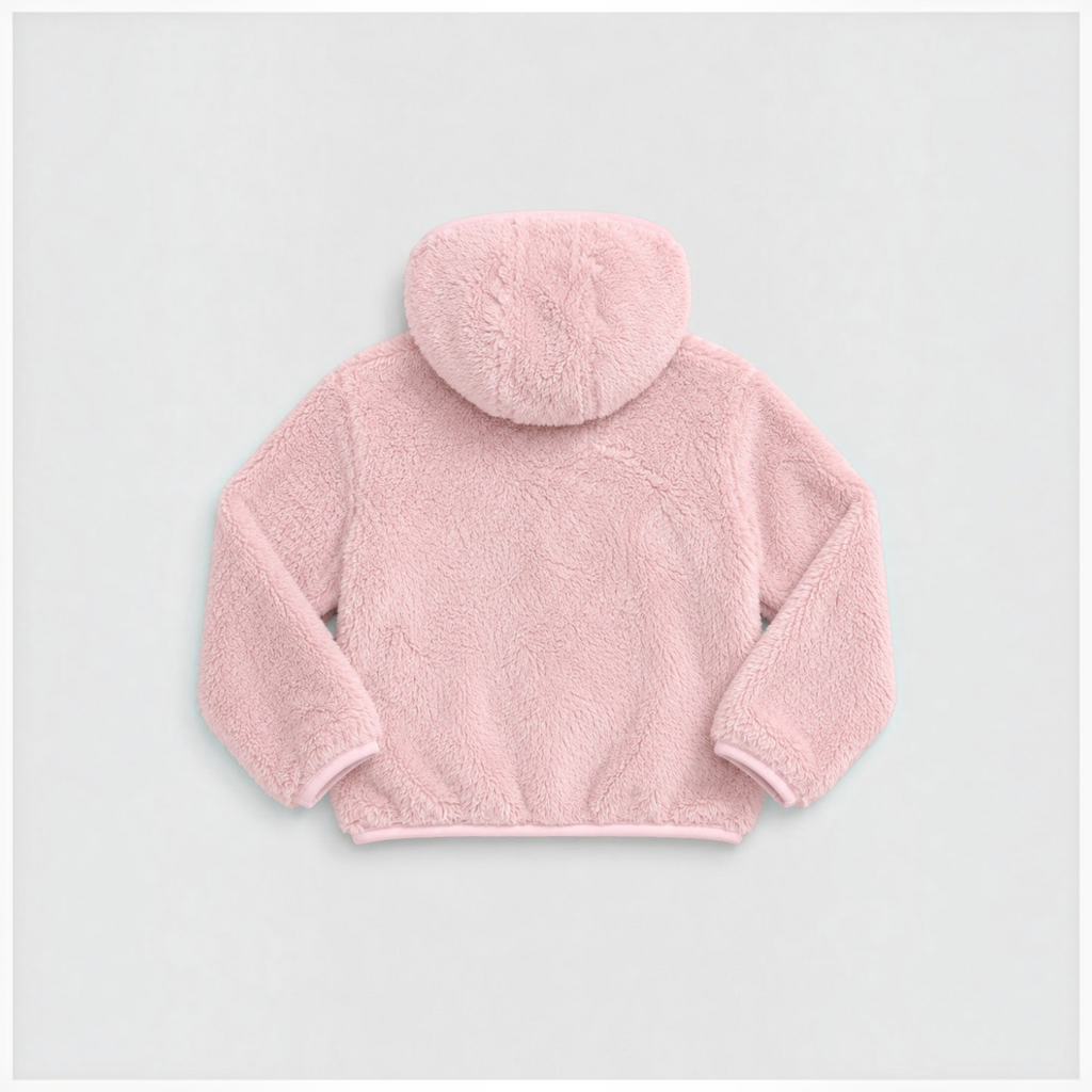 Back view of a soft pink faux fur girls full zip hoodie jacket by victor and jane with a cozy hooded design.