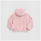 Back view of a soft pink faux fur girls full zip hoodie jacket by victor and jane with a cozy hooded design.