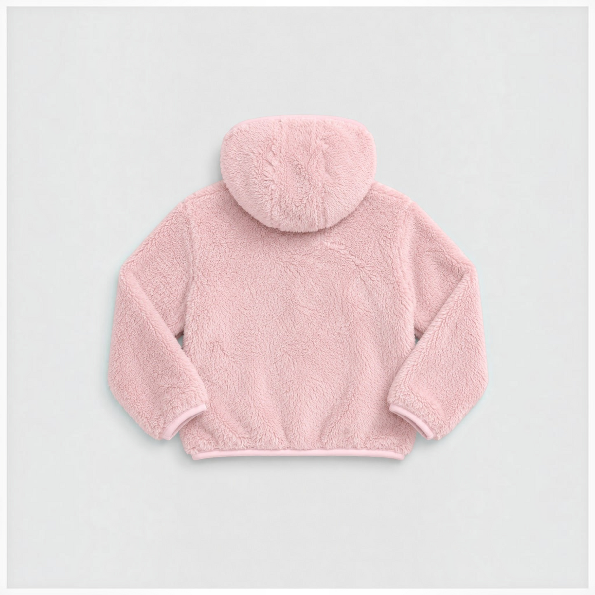 Back view of a soft pink faux fur girls full zip hoodie jacket by victor and jane with a cozy hooded design.