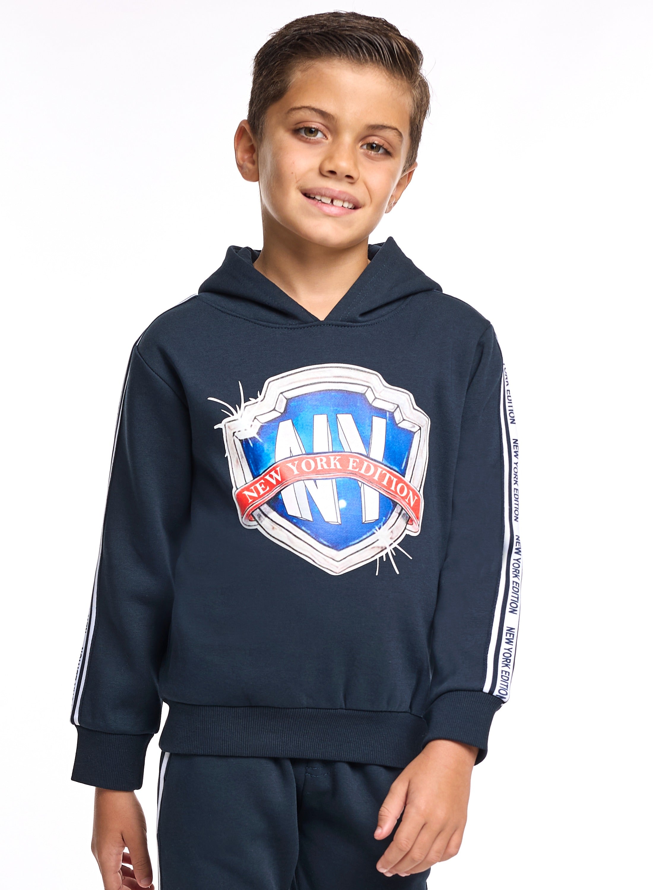Victor And Jane Cotton Ny Badge Graphic & Side Tape Detailed Full Sleeves Hoodie & Joggers Co-Ord Set - Navy Blue