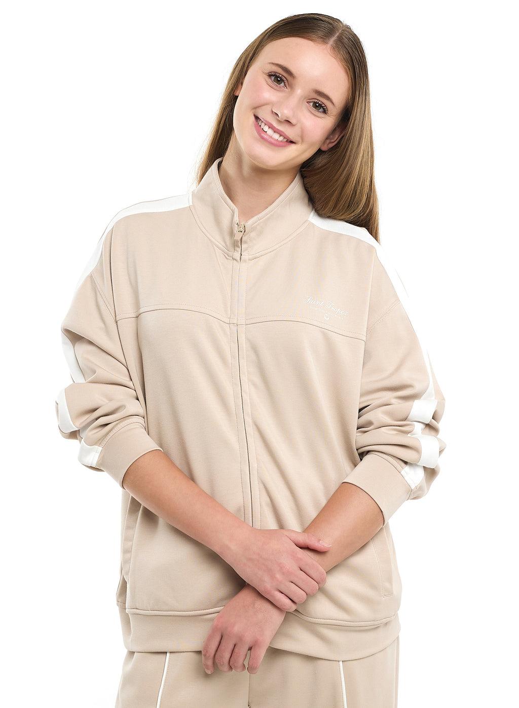 Ladies Beige Contrast-Stripe Track Set “ Zip-Up Jacket & Joggers