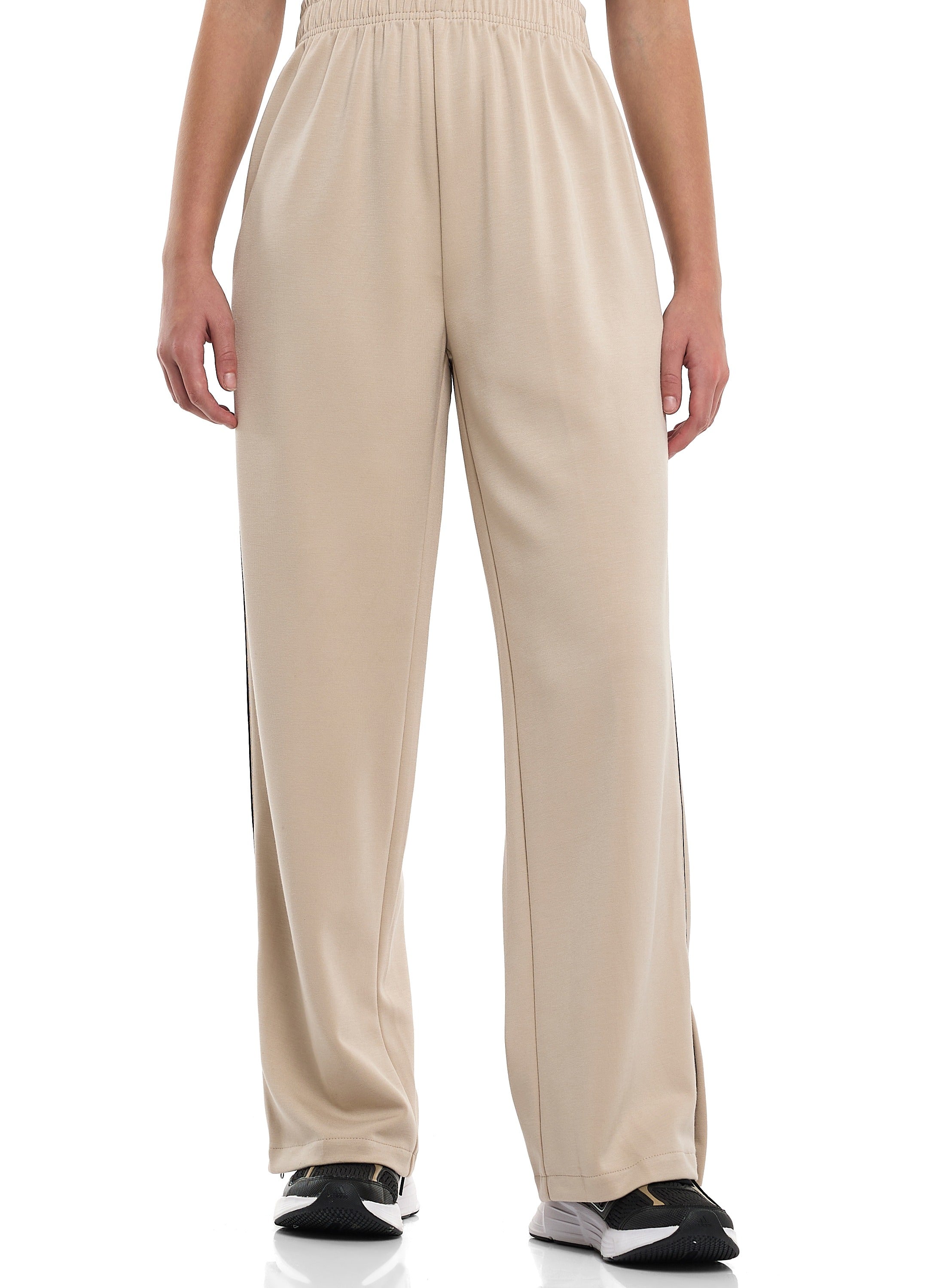 Ladies 2 Piece Set - Snap-Hem Wide-Leg Trousers & Hoodie Set - Oatmeal