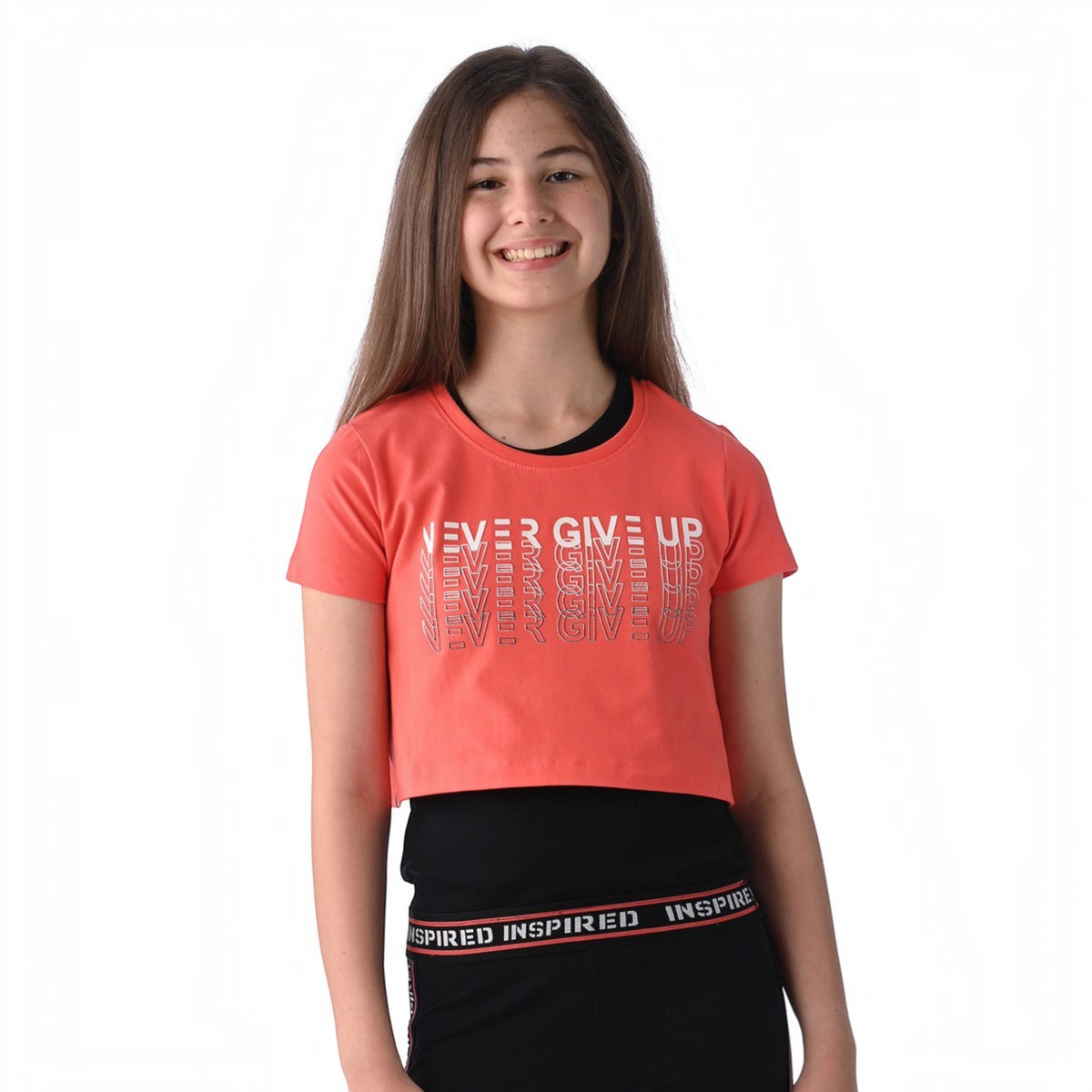 victor and jane 2-piece set featuring a coral crop top with Never Give Up text and black leggings with Inspire trim