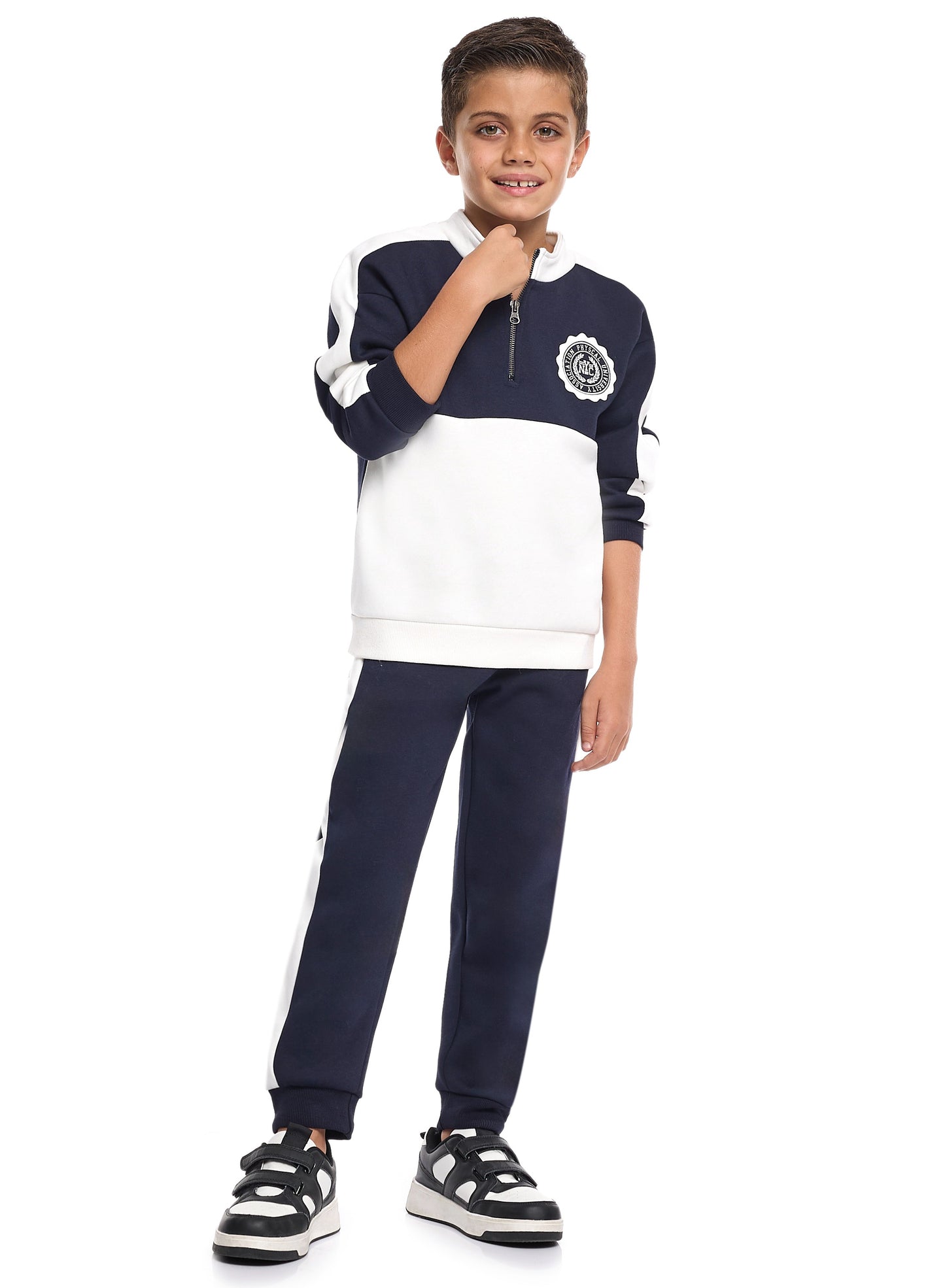 Boys Zip-Neck Colourblock Fleece Tracksuit - Navy & White