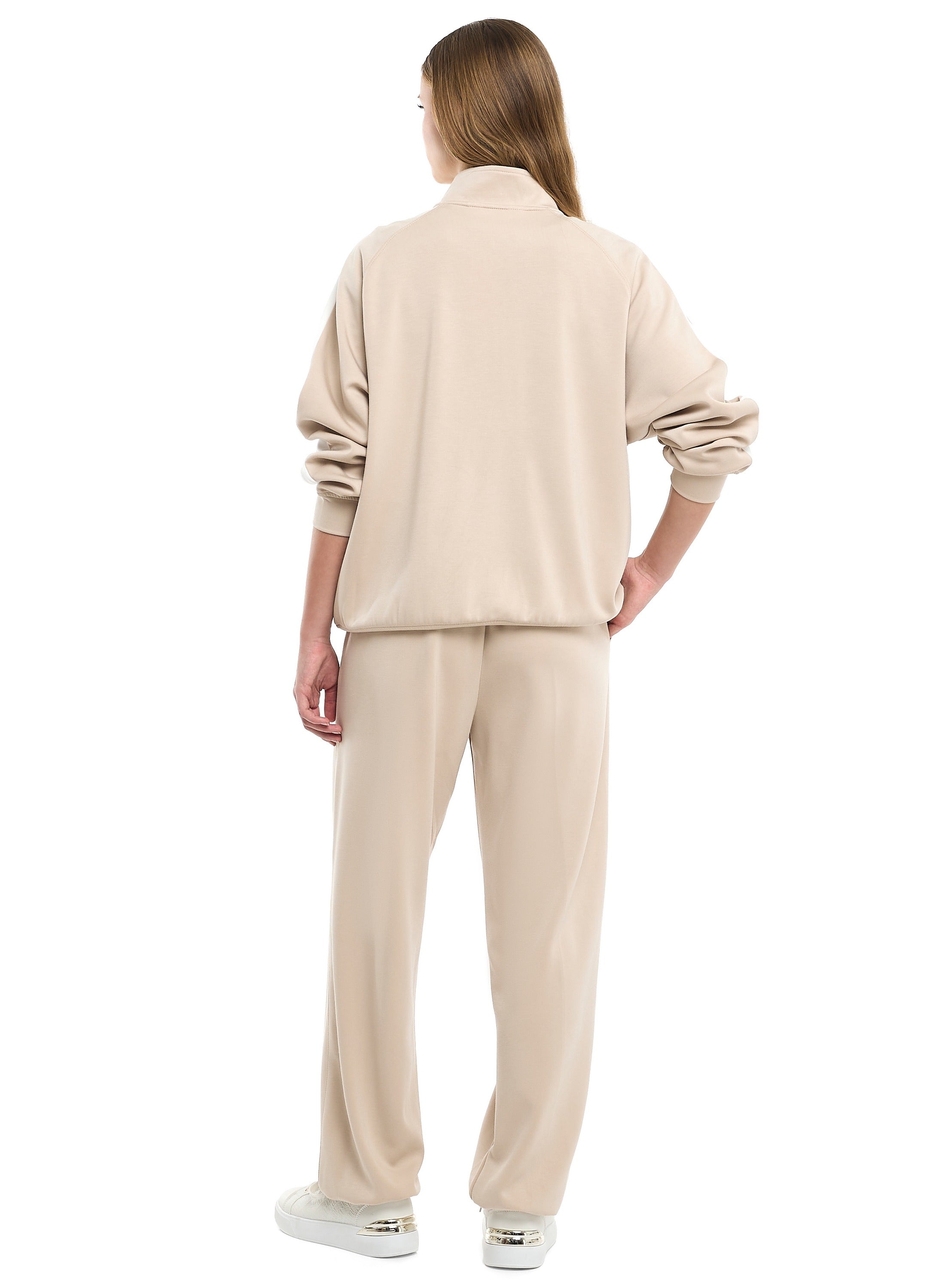 Ladies Beige Contrast-Stripe Track Set “ Zip-Up Jacket & Joggers