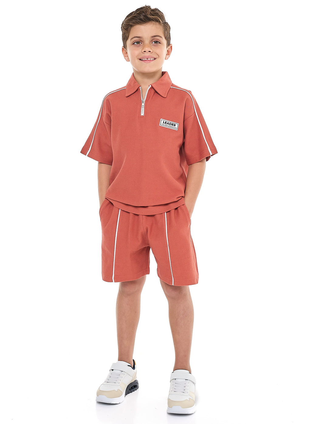 Oversized - Boys' Jacquard 2-Piece Set - Half Zipper Polo T-Shirt And Matching Shorts With Pockets,