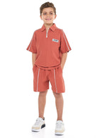 Oversized - Boys' Jacquard 2-Piece Set - Half Zipper Polo T-Shirt And Matching Shorts With Pockets,