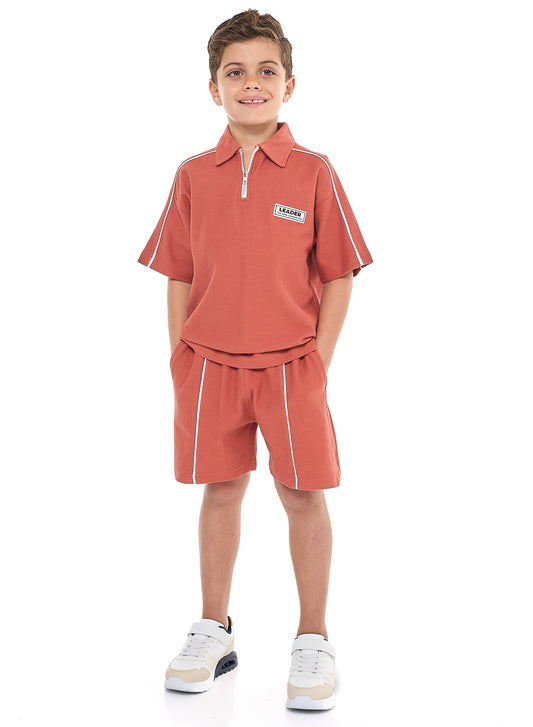 Boys' Jacquard Reddish-Orange 2-Piece Outfit Set with Pockets,