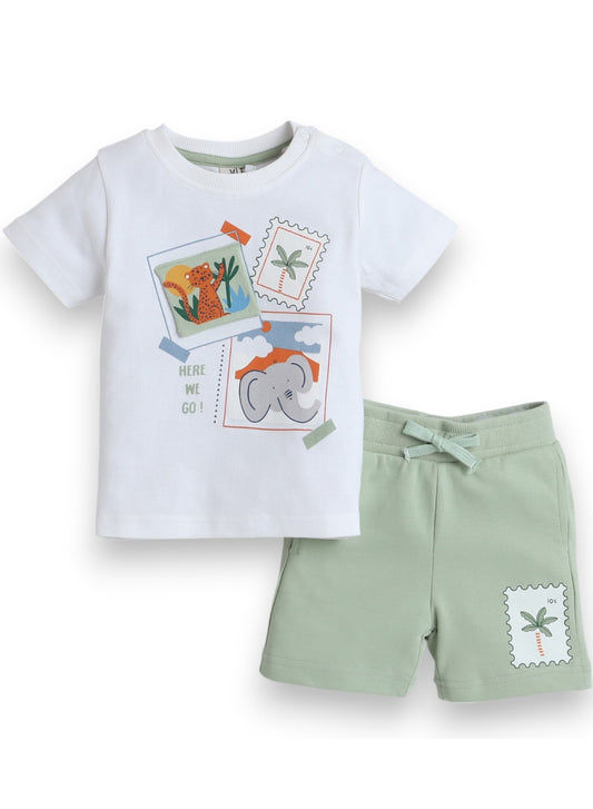 Victor and Jane Infant 2PC Set, T-Shirt with Summer Polaroids And Green Shorts