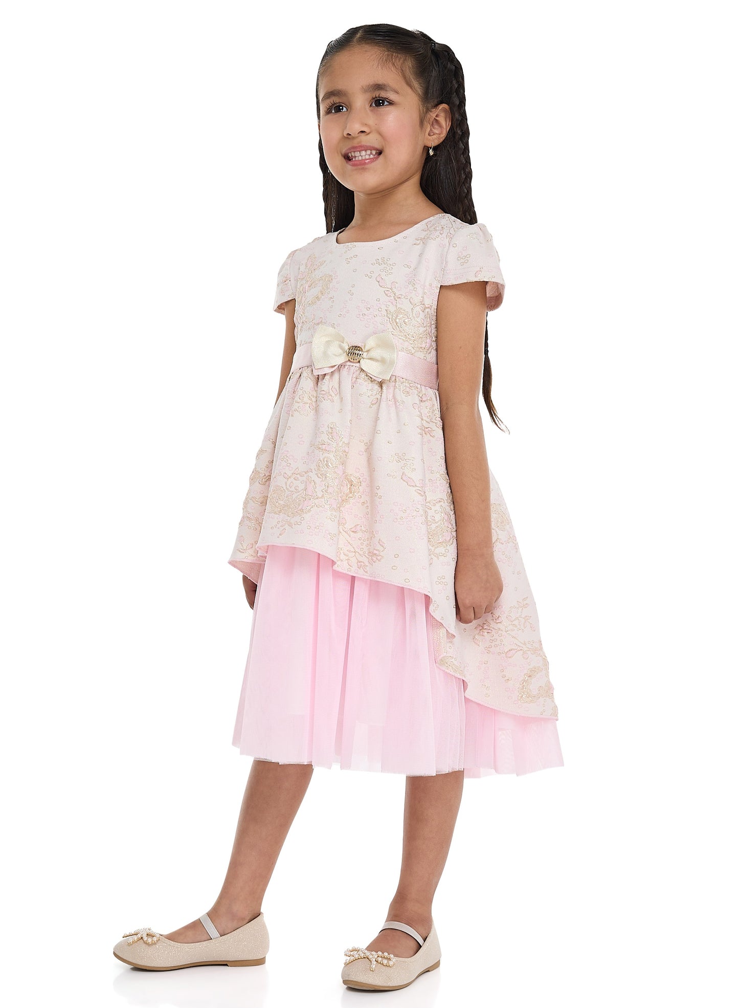 Girls Elegant Lt Pink/Gold Jacquard & Tulle Party Dress