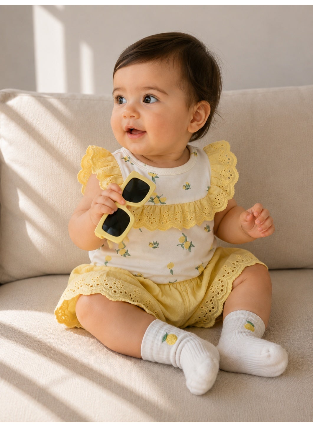 Baby Girls Lemon Print Bodysuit & Skirt Set with Sunglasses & Socks (4-Piece Set)