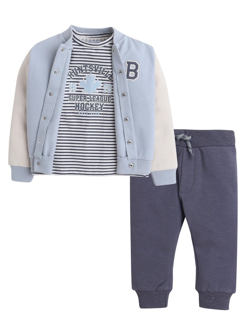 Dirkje Cotton Super Hockey League Patched Printed & Striped Bomber Jacket With T-Shirt And Joggers Set - White/Blue