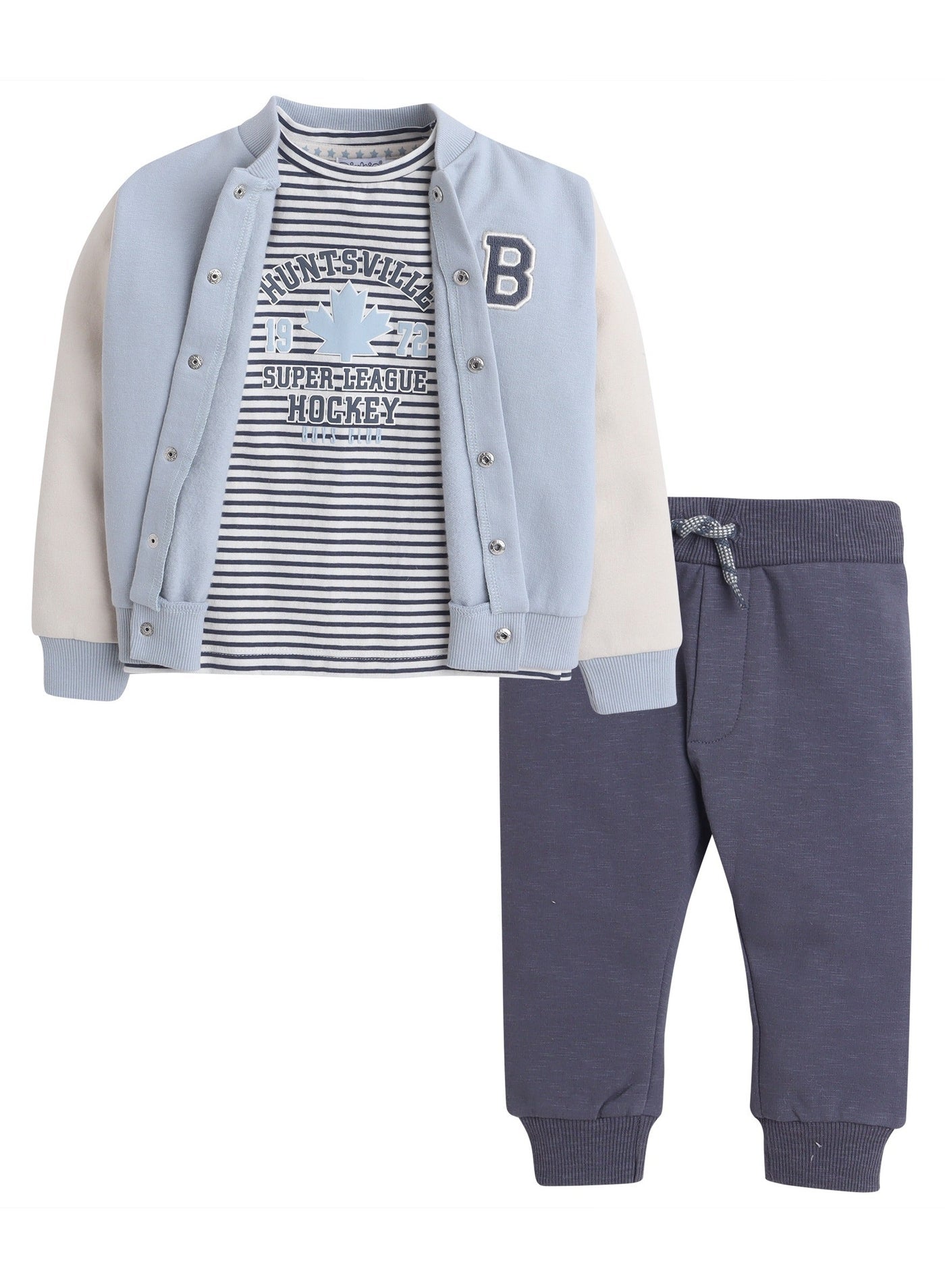 Dirkje Cotton Super Hockey League Patched Printed & Striped Bomber Jacket With T-Shirt And Joggers Set - White/Blue