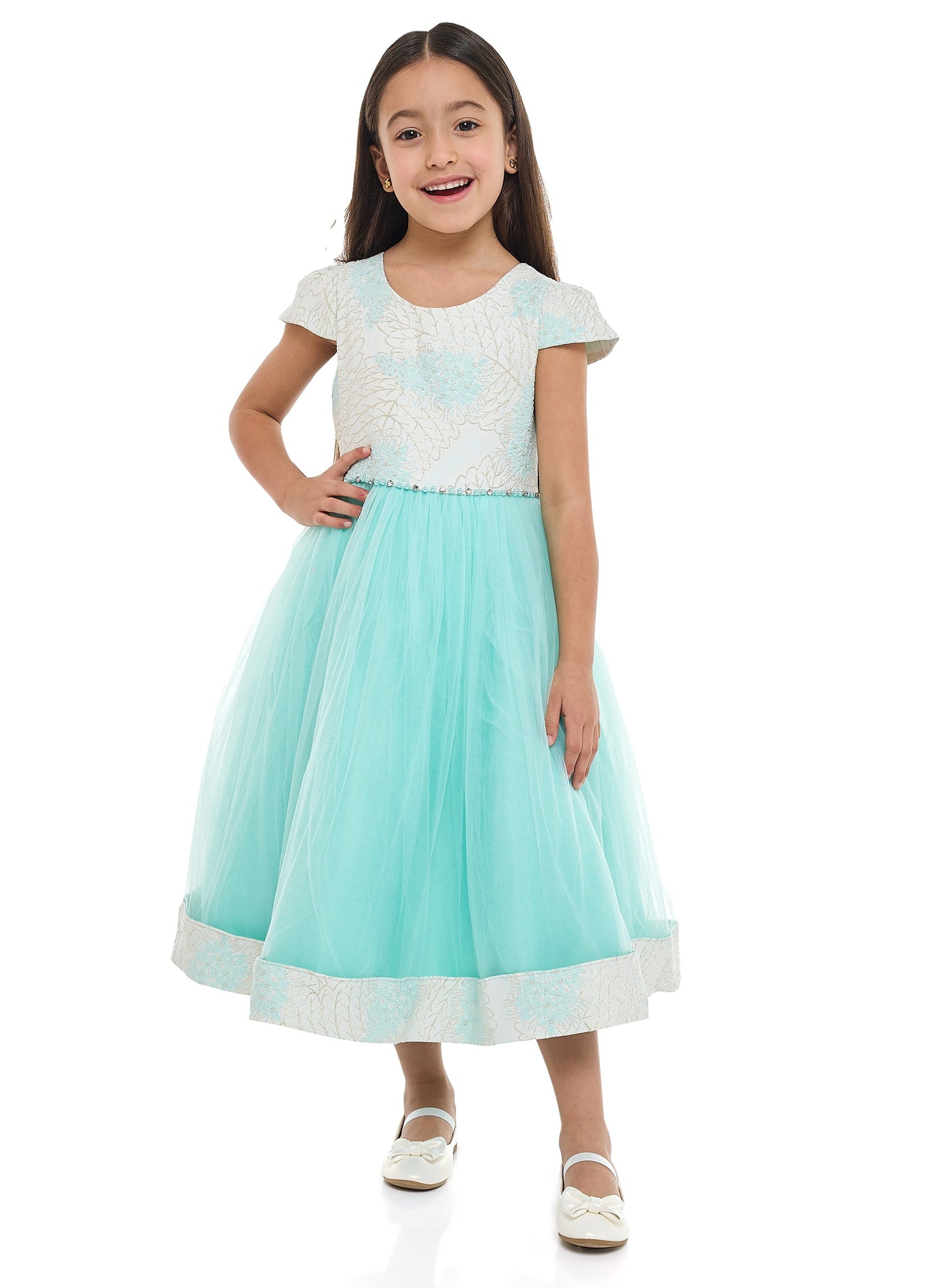Girls Mint Jacquard & Tulle Dress
