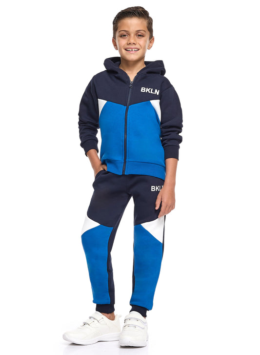 Boys’ Navy & Blue Colorblock Hoodie Tracksuit – Zip-Up Sweatshirt & Joggers Set