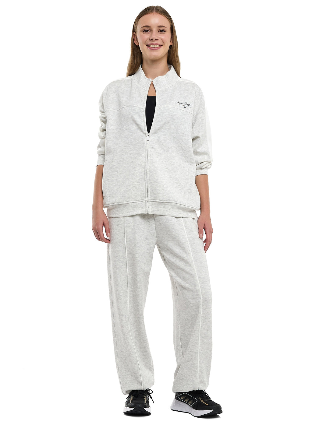 Ladies Grey Striped Track Set “ Zip-Up Jacket & Joggers