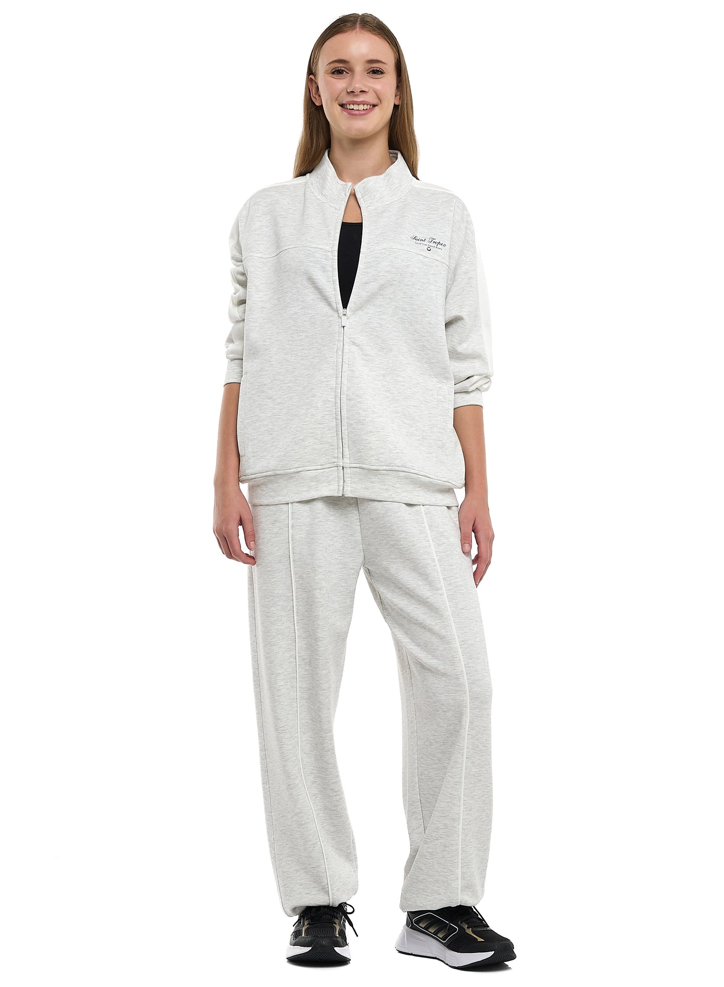 Ladies Grey Striped Track Set – Zip-Up Jacket & Joggers