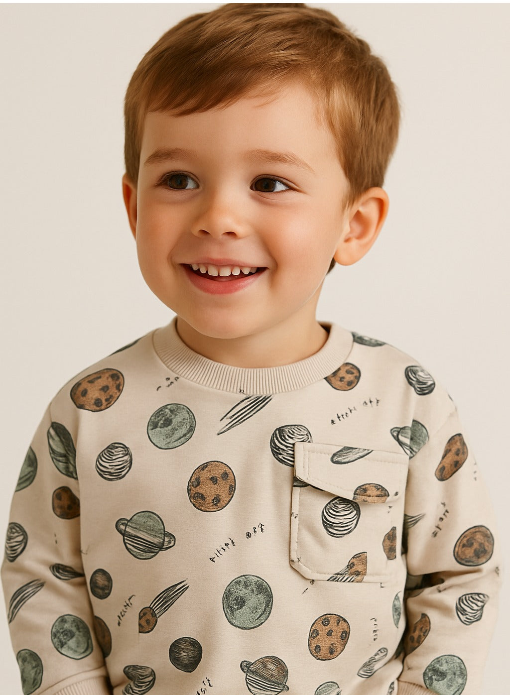 Dirkje Cotton Space Theme Print Full Sleeves Sweatshirt & Joggers Set - Off White/Navy