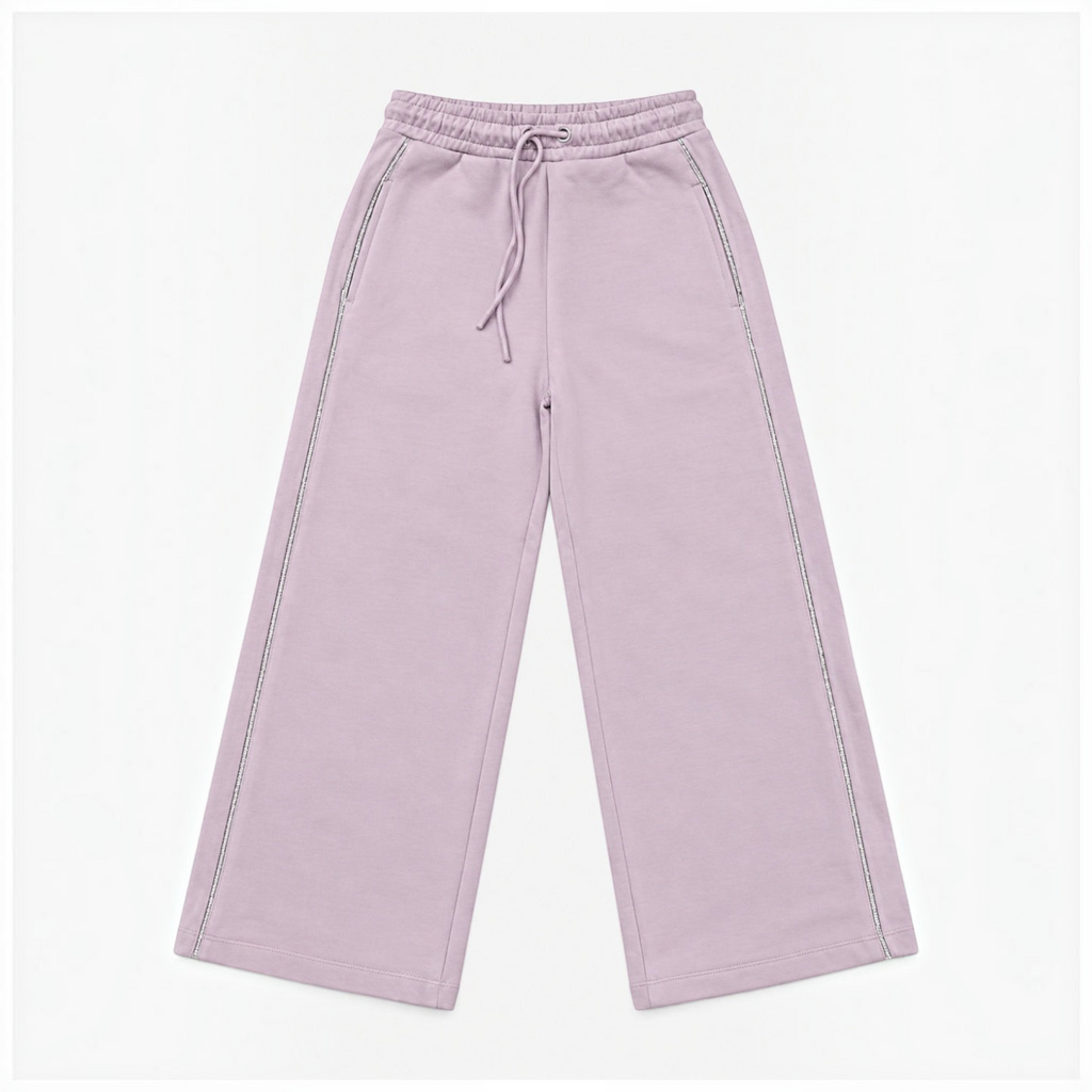 victor and jane girls wide leg fleece pants in dusty lavender with side stripe detail and drawstring waist