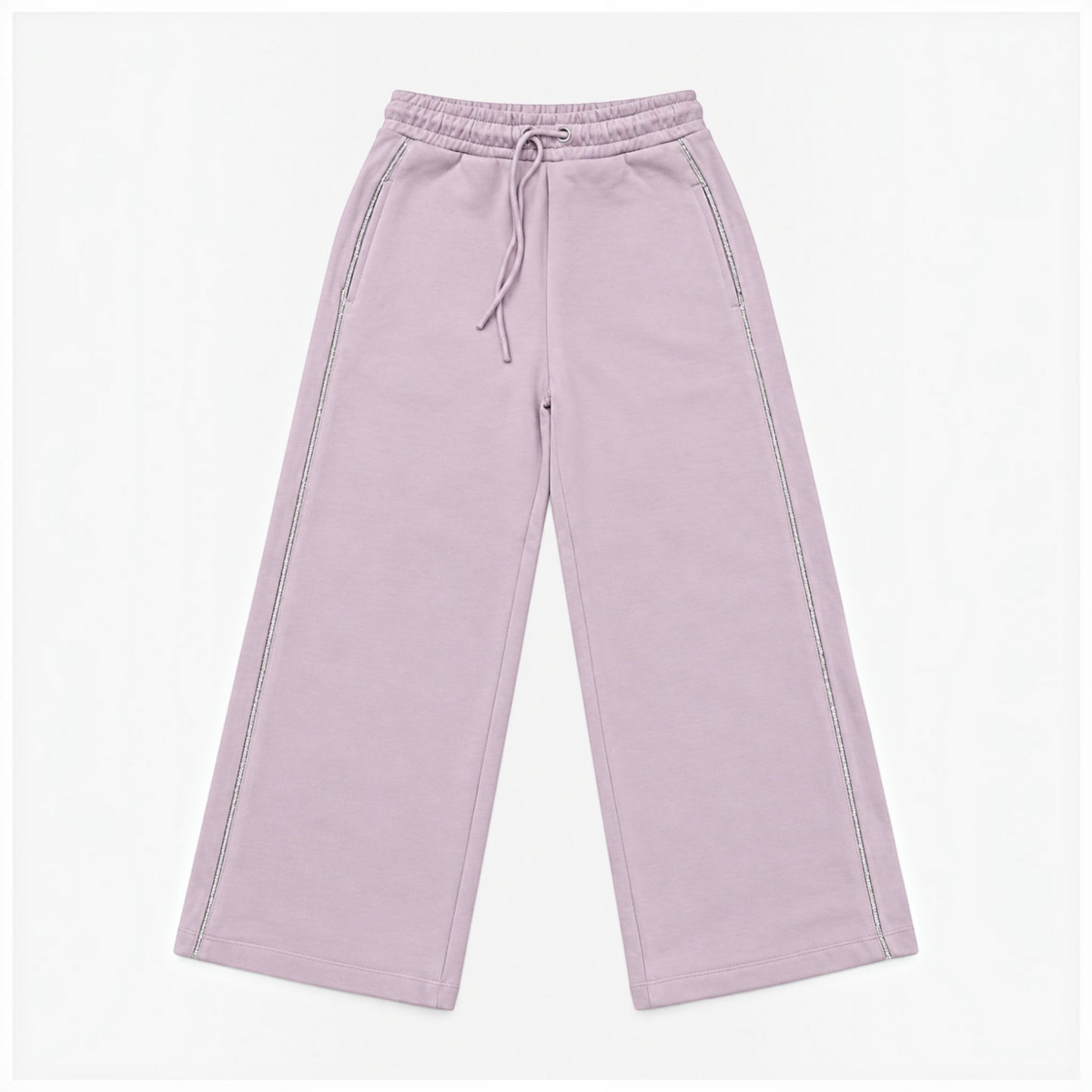 victor and jane girls wide leg fleece pants in dusty lavender with side stripe detail and drawstring waist