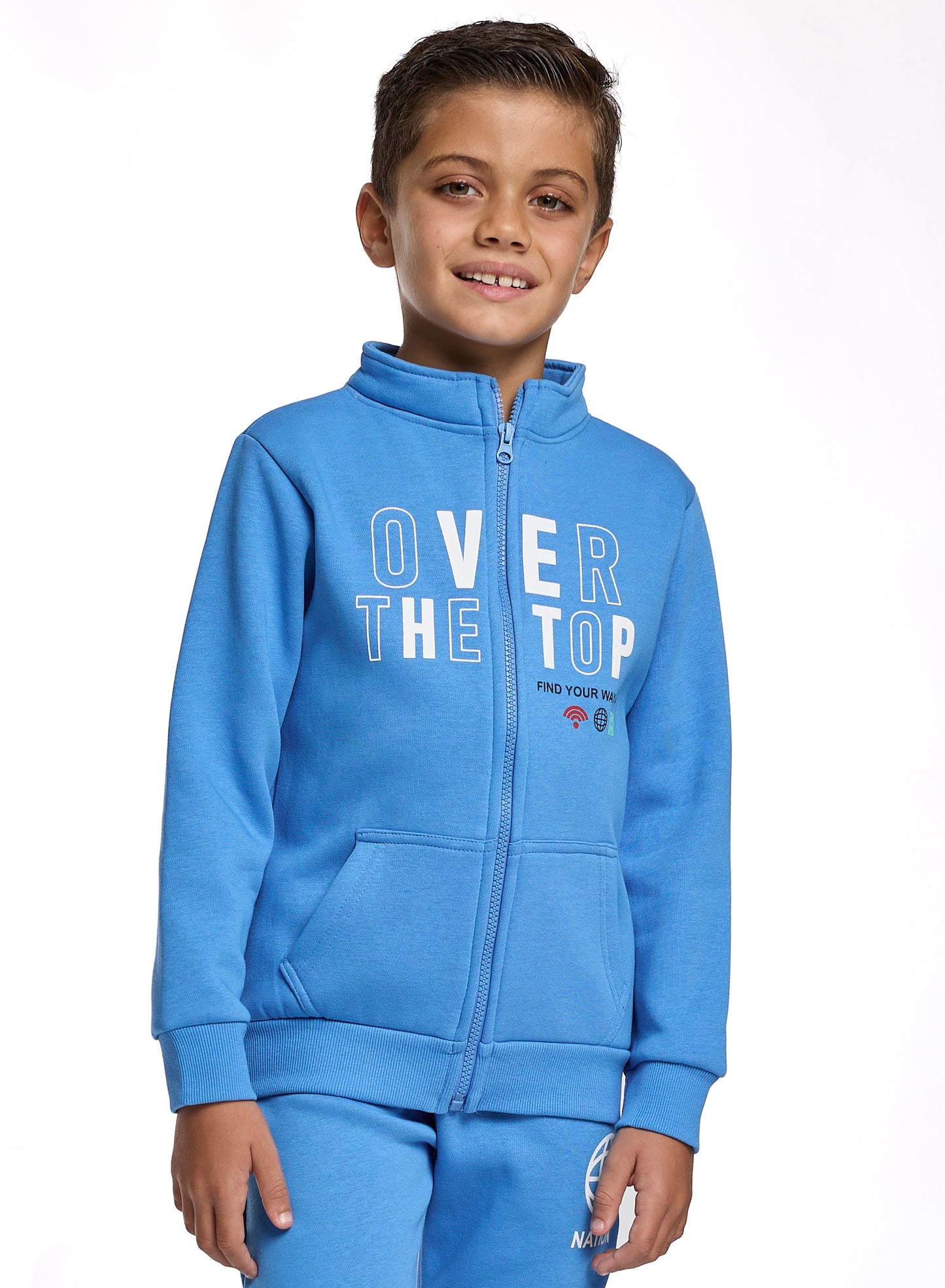 Boys Blue Zipper Jacket Set – “Over the Top” Print with High Neck & Pocket Joggers