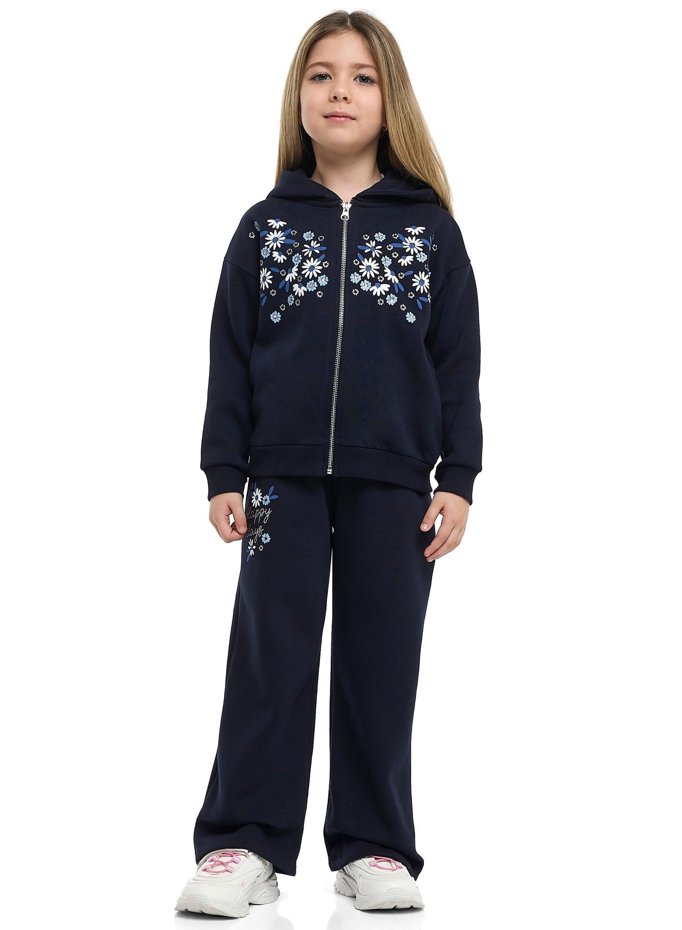 Girls Floral Embroidered Fleece Tracksuit “ Navy 2-Piece Set