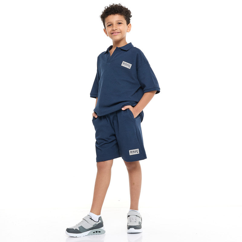 Victor and Jane Boys' Jacquard Set – Navy 2-Piece Outfit with Pockets, Polo T-Shirt and Shorts