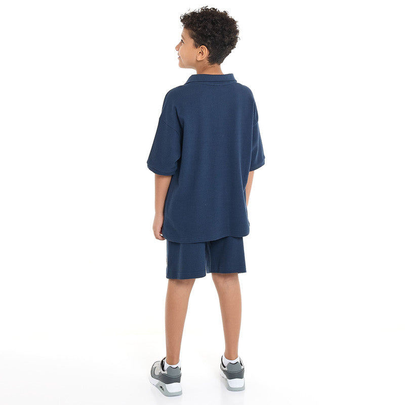 Victor and Jane Boys' Jacquard Set – Navy 2-Piece Outfit with Pockets, Polo T-Shirt and Shorts