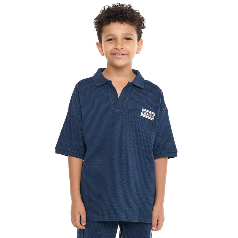 Victor and Jane Boys' Jacquard Set – Navy 2-Piece Outfit with Pockets, Polo T-Shirt and Shorts