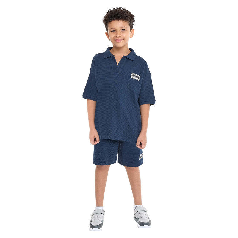 Victor and Jane Boys' Jacquard Set – Navy 2-Piece Outfit with Pockets, Polo T-Shirt and Shorts