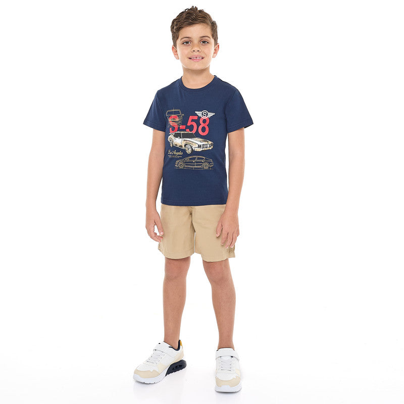 Victor and Jane Classic Navy and Khaki Cotton T-Shirt & Pull-On Shorts Boys Set