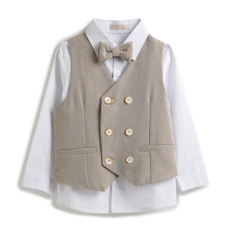 Ecru/Taupe Waistcoat And Pant Set With Shirt And Bow Tie