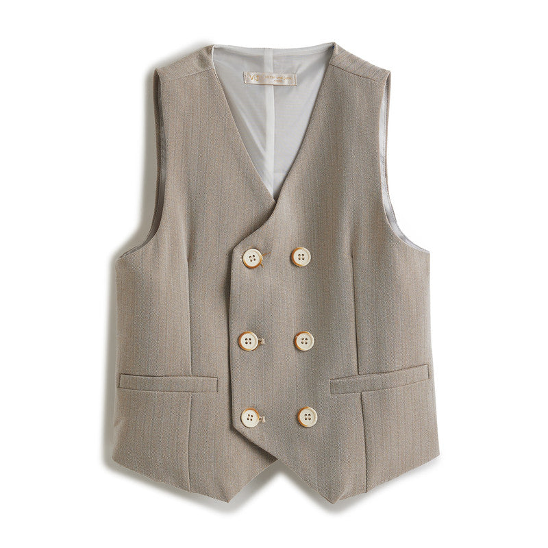 Ecru/Taupe Waistcoat And Pant Set With Shirt And Bow Tie