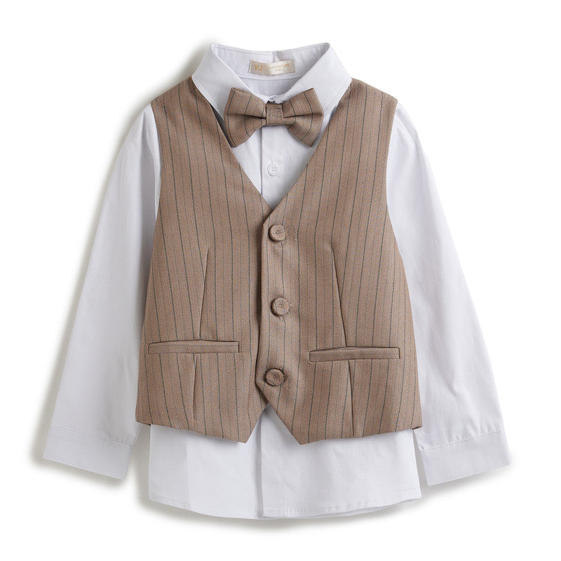 Stripe Beige Waistcoat And Pant Set With Shirt And Bow Tie
