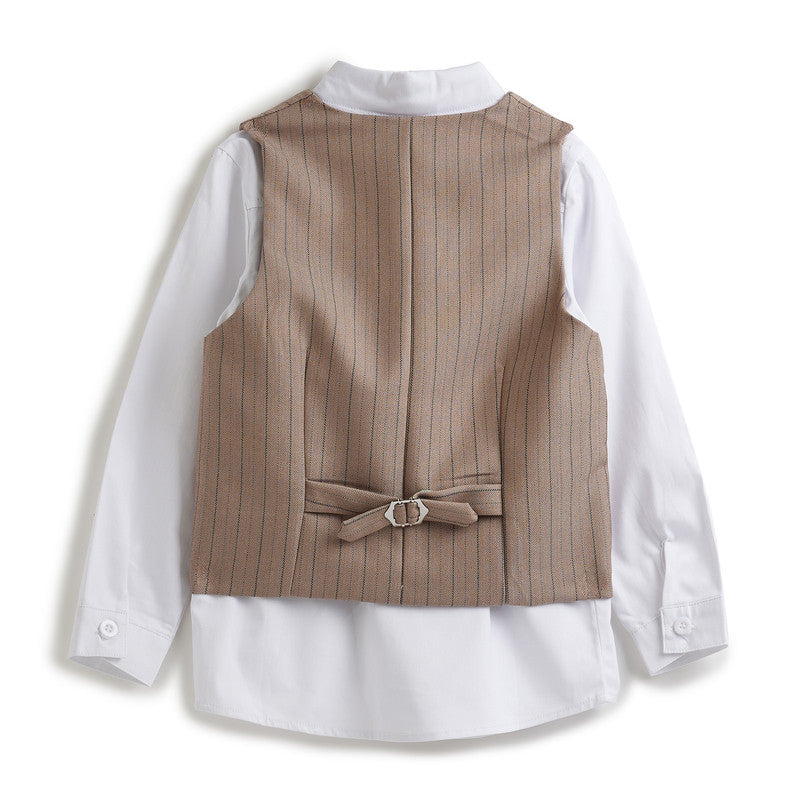 Stripe Beige Waistcoat And Pant Set With Shirt And Bow Tie