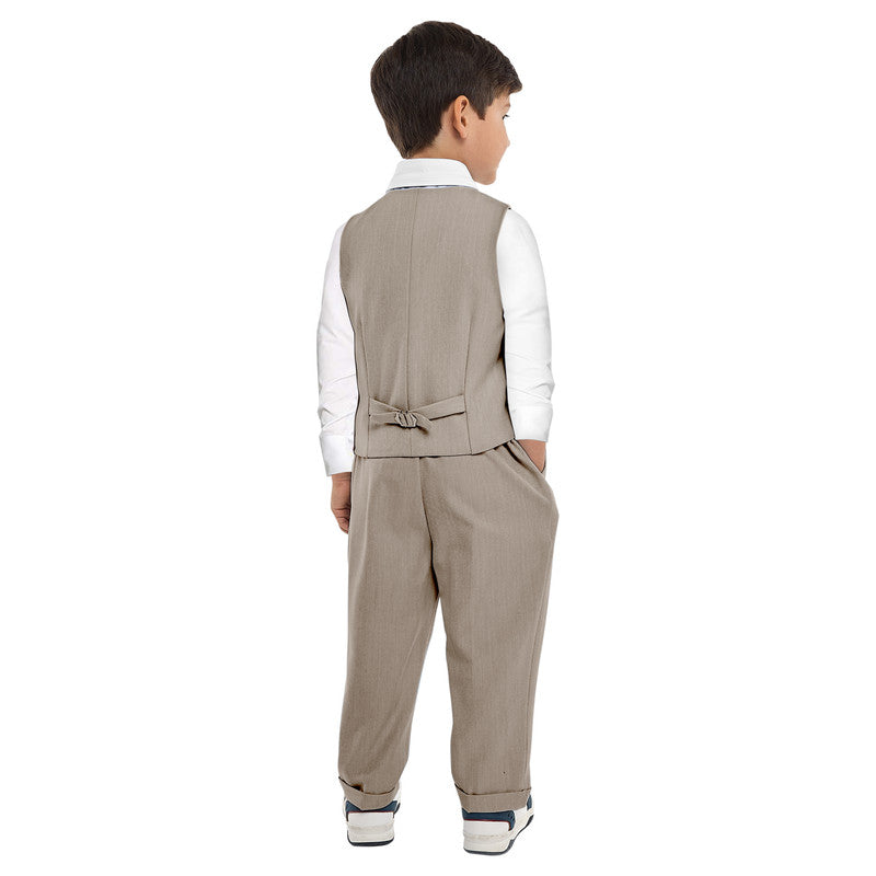 Ecru/Taupe Waistcoat And Pant Set With Shirt And Bow Tie