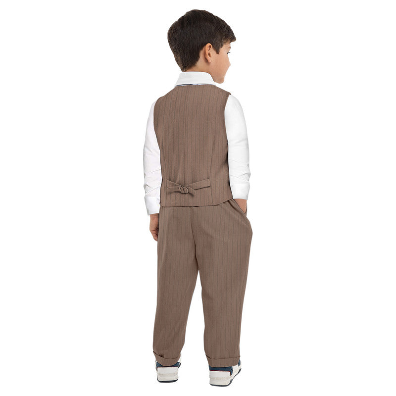 Stripe Beige Waistcoat And Pant Set With Shirt And Bow Tie