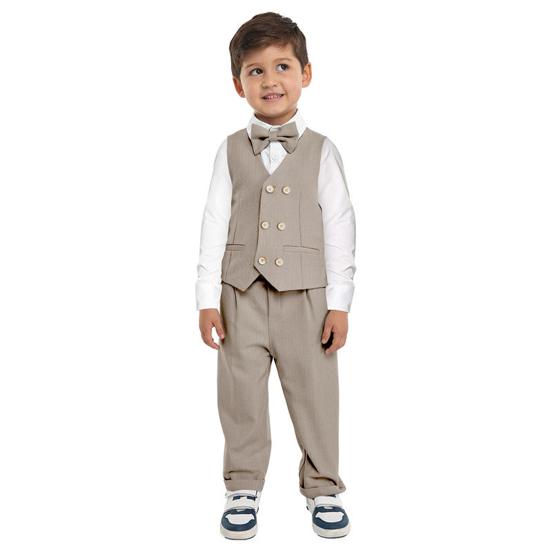 Ecru/Taupe Waistcoat And Pant Set With Shirt And Bow Tie