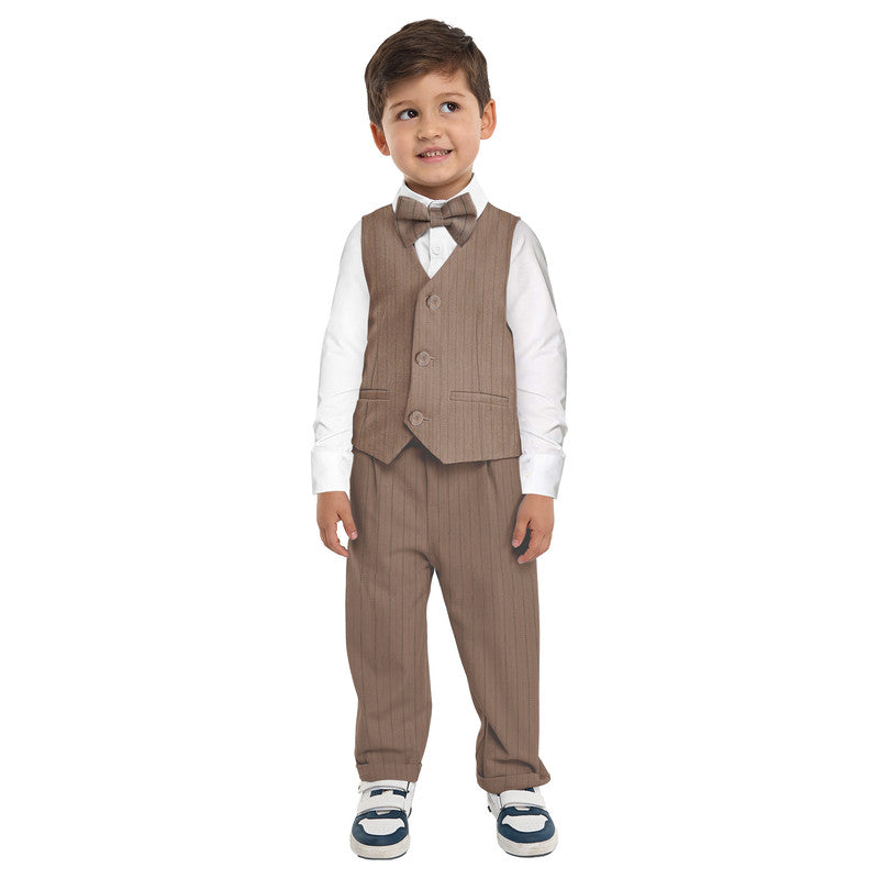 Stripe Beige Waistcoat And Pant Set With Shirt And Bow Tie