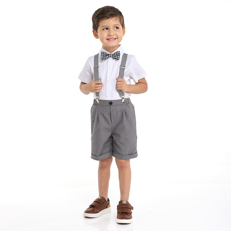 Gray Shorts And Braces Set With Shirt And Bow Tie