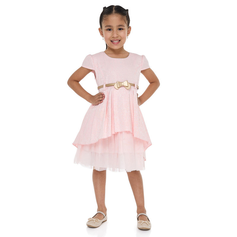 Girls Elegant Lt Pink/Gold Jacquard & Tulle Party Dress