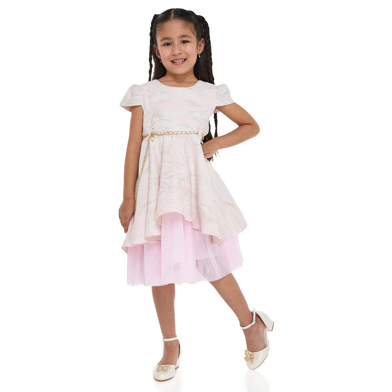 Girls Chic Pink/Gold Jacquard & Tulle Party Dress