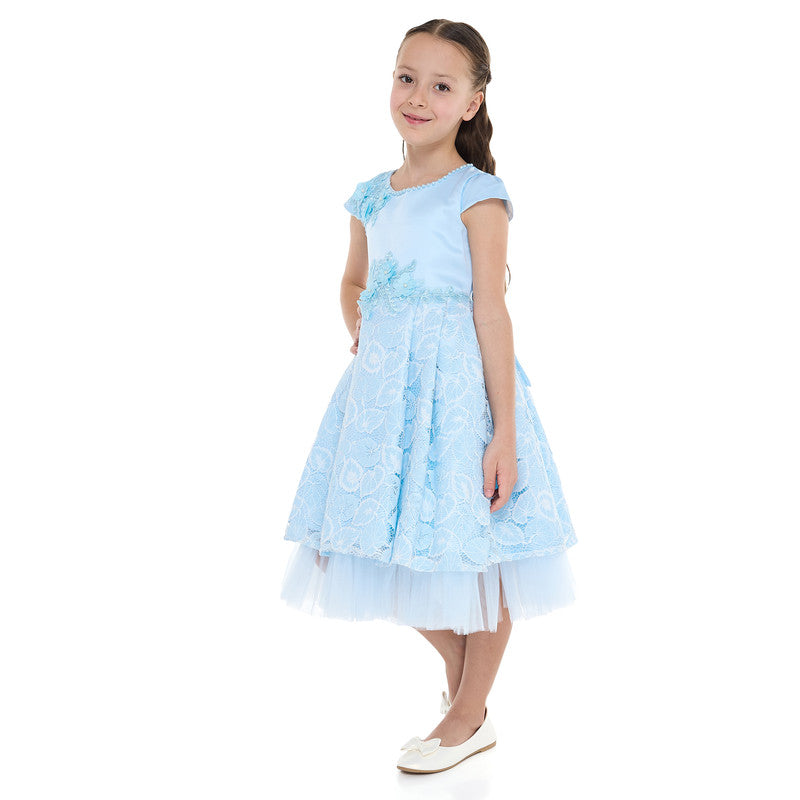 Chic Sky Blue Satin & Lace Party Dress With Mesh & Decoration