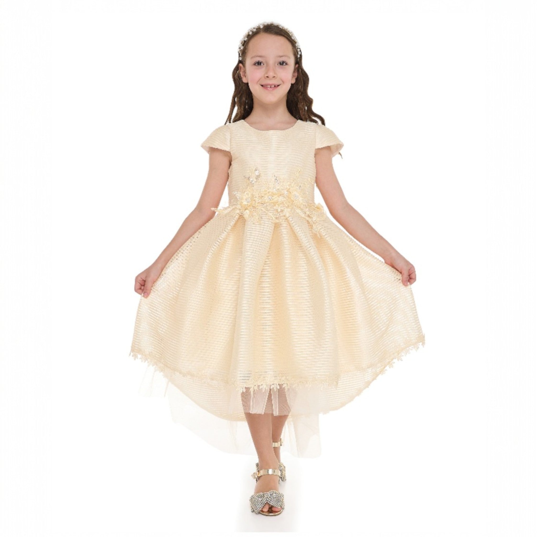 Girls Champange High Low Tail Dress With 3D Applique